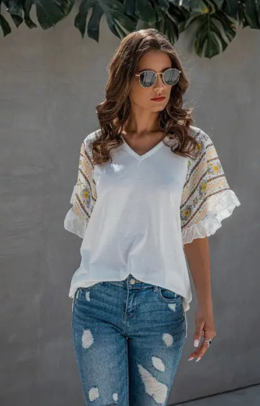 Ruffled Sleeve V Neck Top
